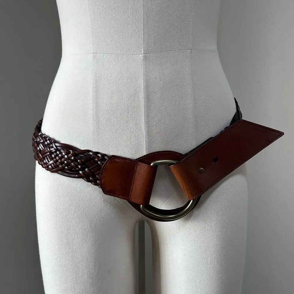 Wide Woven Leather Belt Brown Oversized Ring Buckle Boho Western Cowgirl Women M